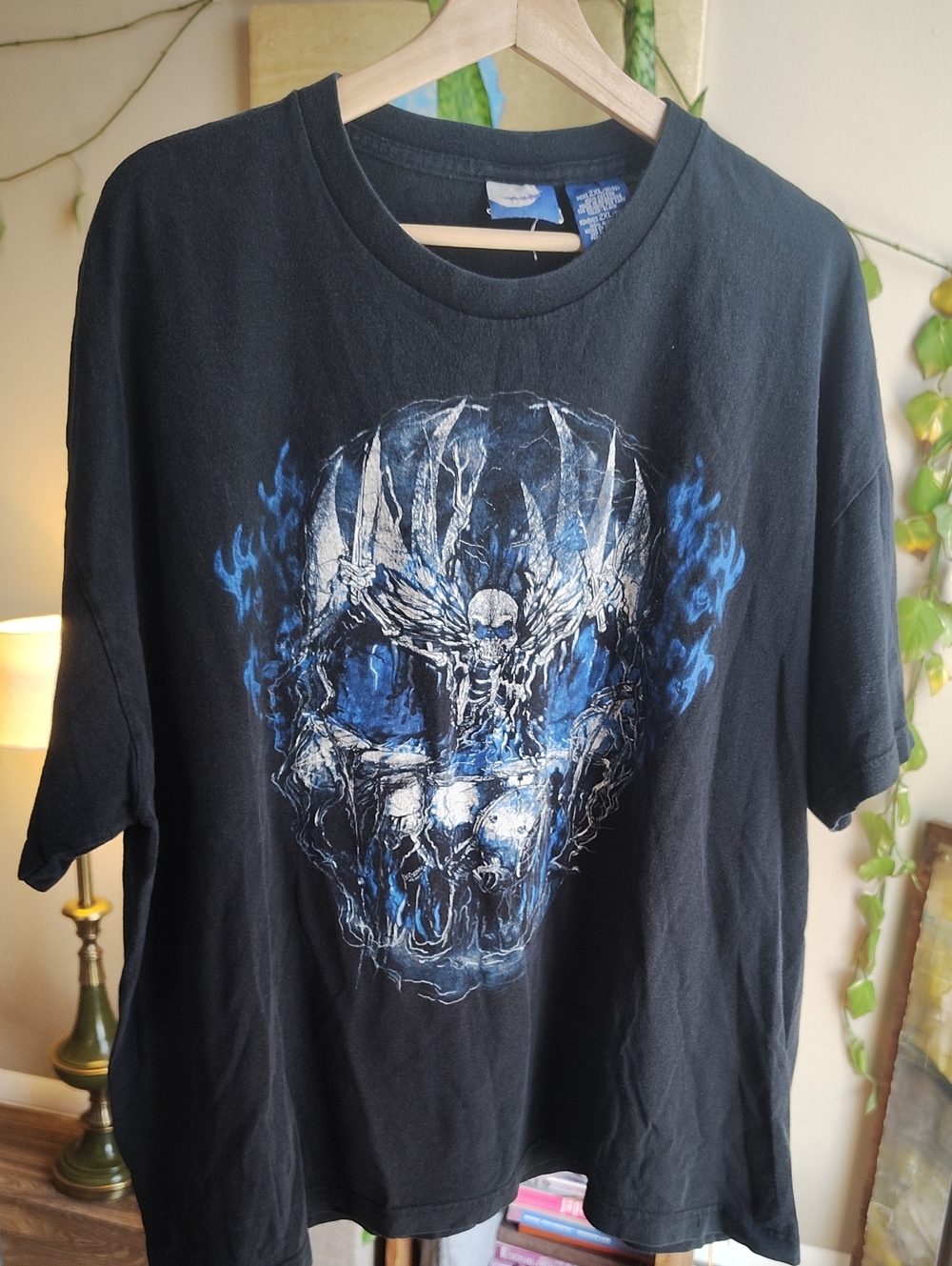Grunge Black Short Sleeve Tee with Blue Skull Flame Graphic